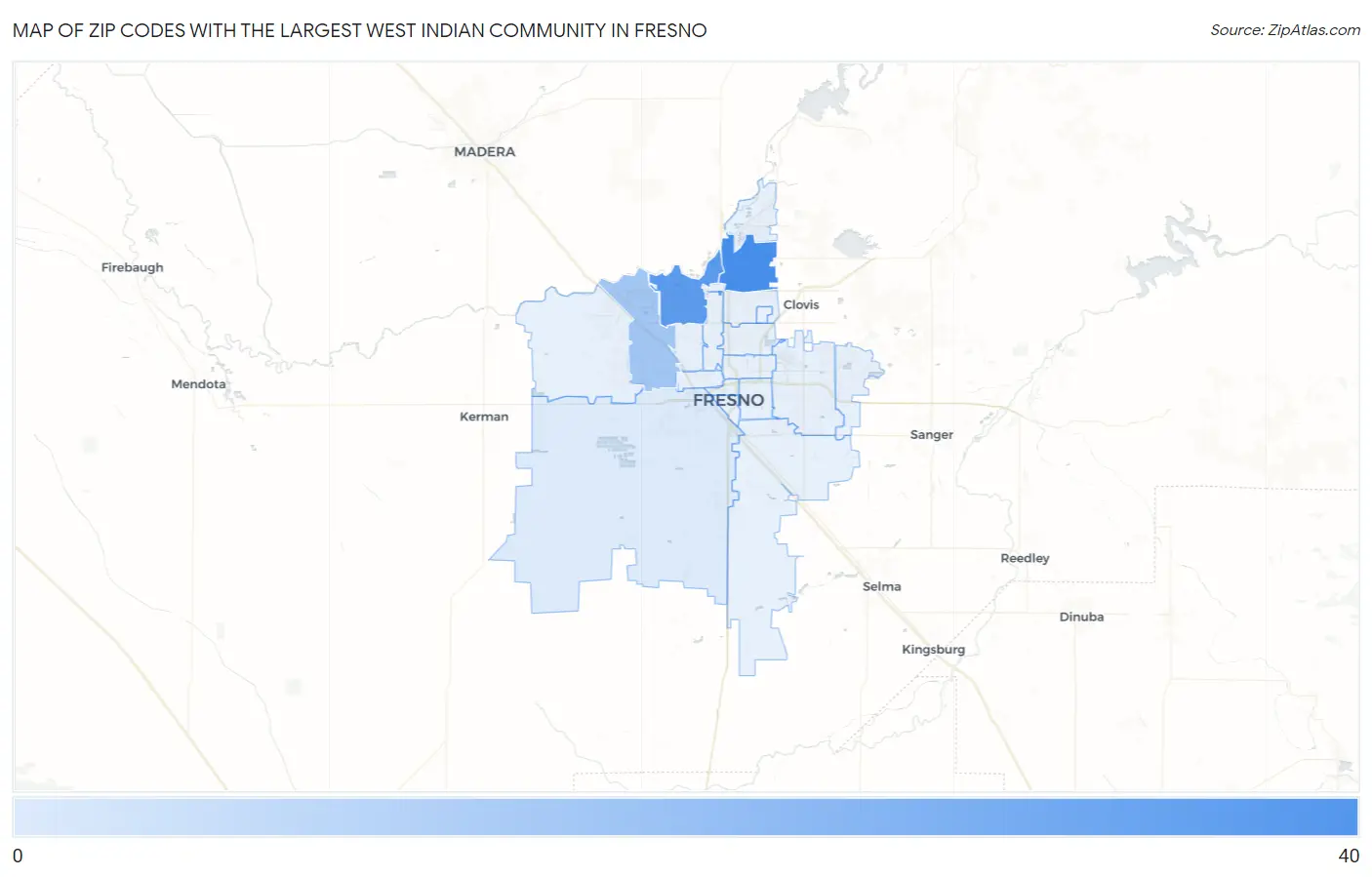 Zip Codes with the Largest West Indian Community in Fresno Map