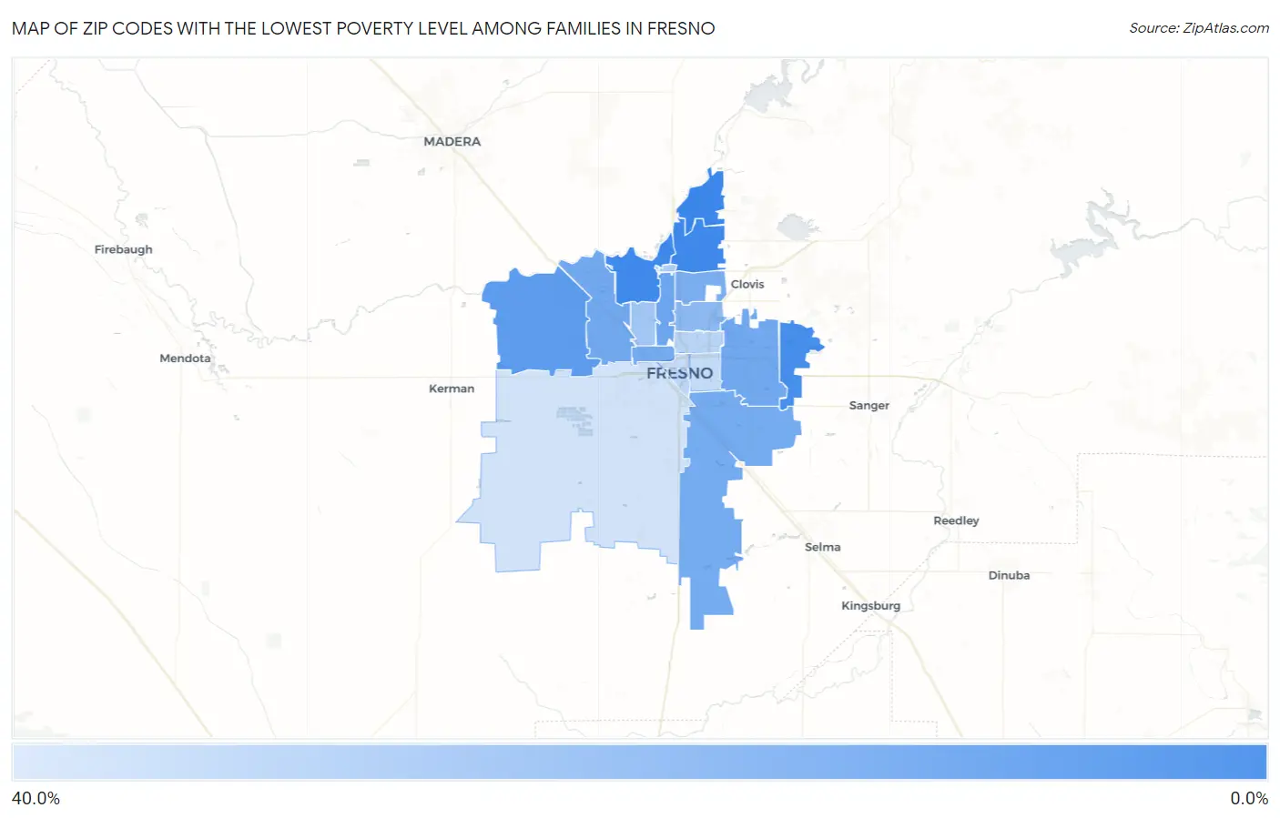 Zip Codes with the Lowest Poverty Level Among Families in Fresno Map