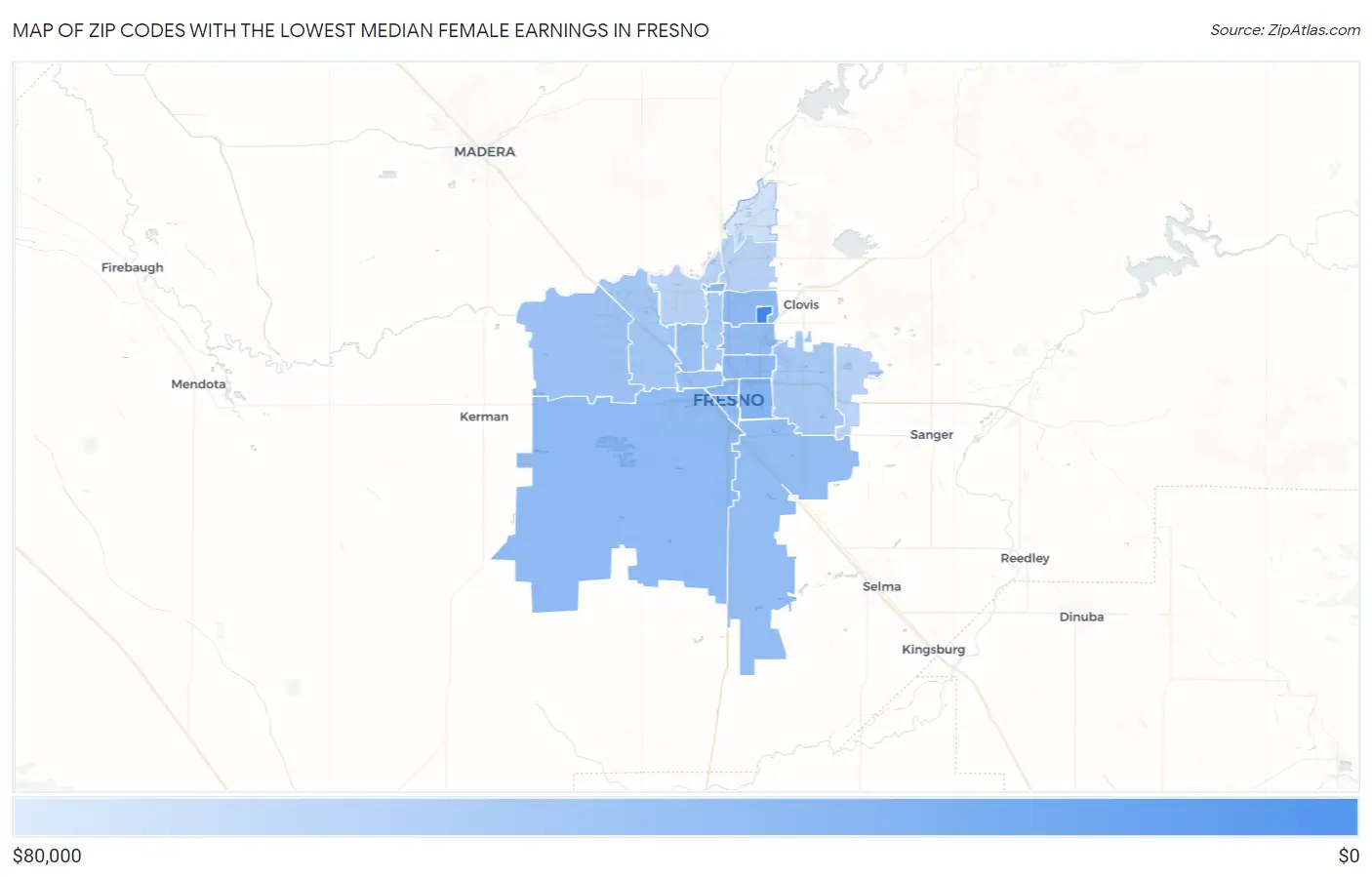 Zip Codes with the Lowest Median Female Earnings in Fresno Map