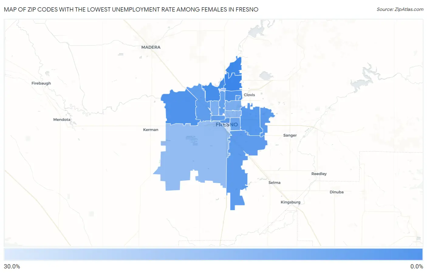 Zip Codes with the Lowest Unemployment Rate Among Females in Fresno Map