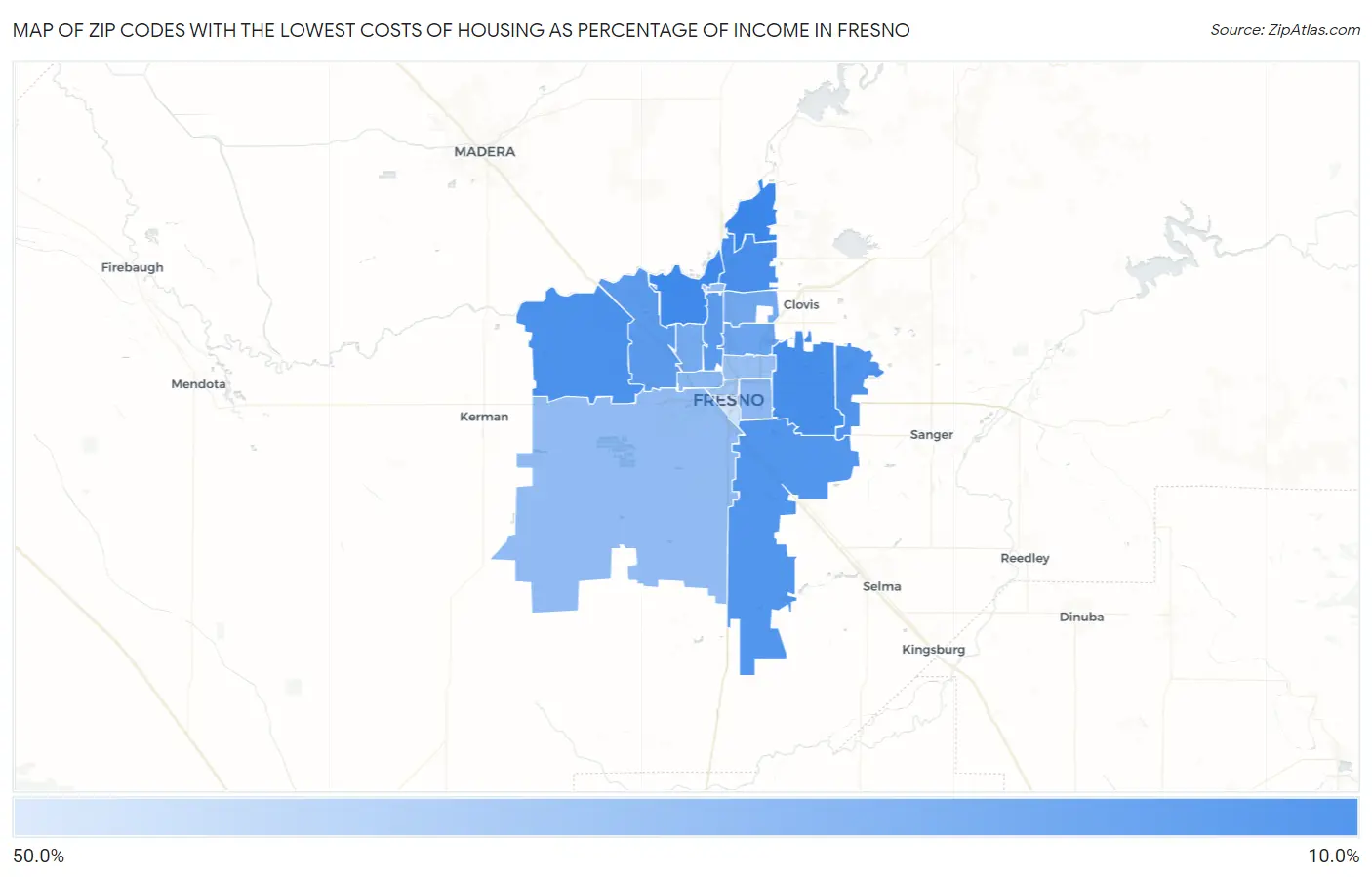Zip Codes with the Lowest Costs of Housing as Percentage of Income in Fresno Map