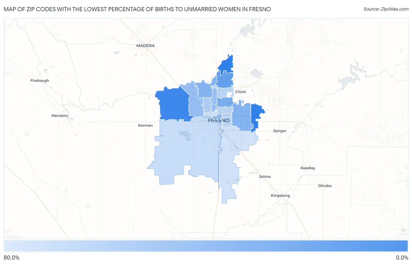 Zip Codes with the Lowest Percentage of Births to Unmarried Women in Fresno Map
