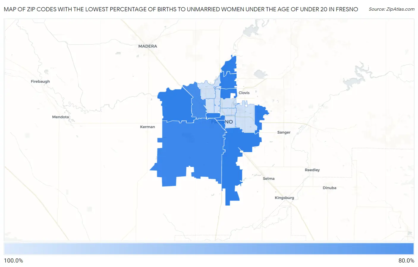 Zip Codes with the Lowest Percentage of Births to Unmarried Women under the Age of under 20 in Fresno Map