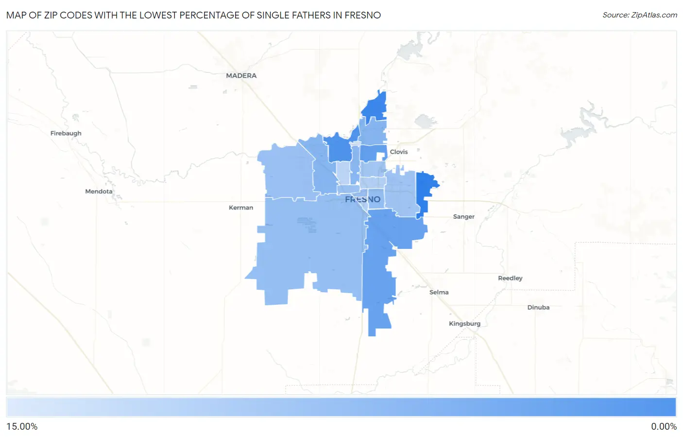 Zip Codes with the Lowest Percentage of Single Fathers in Fresno Map