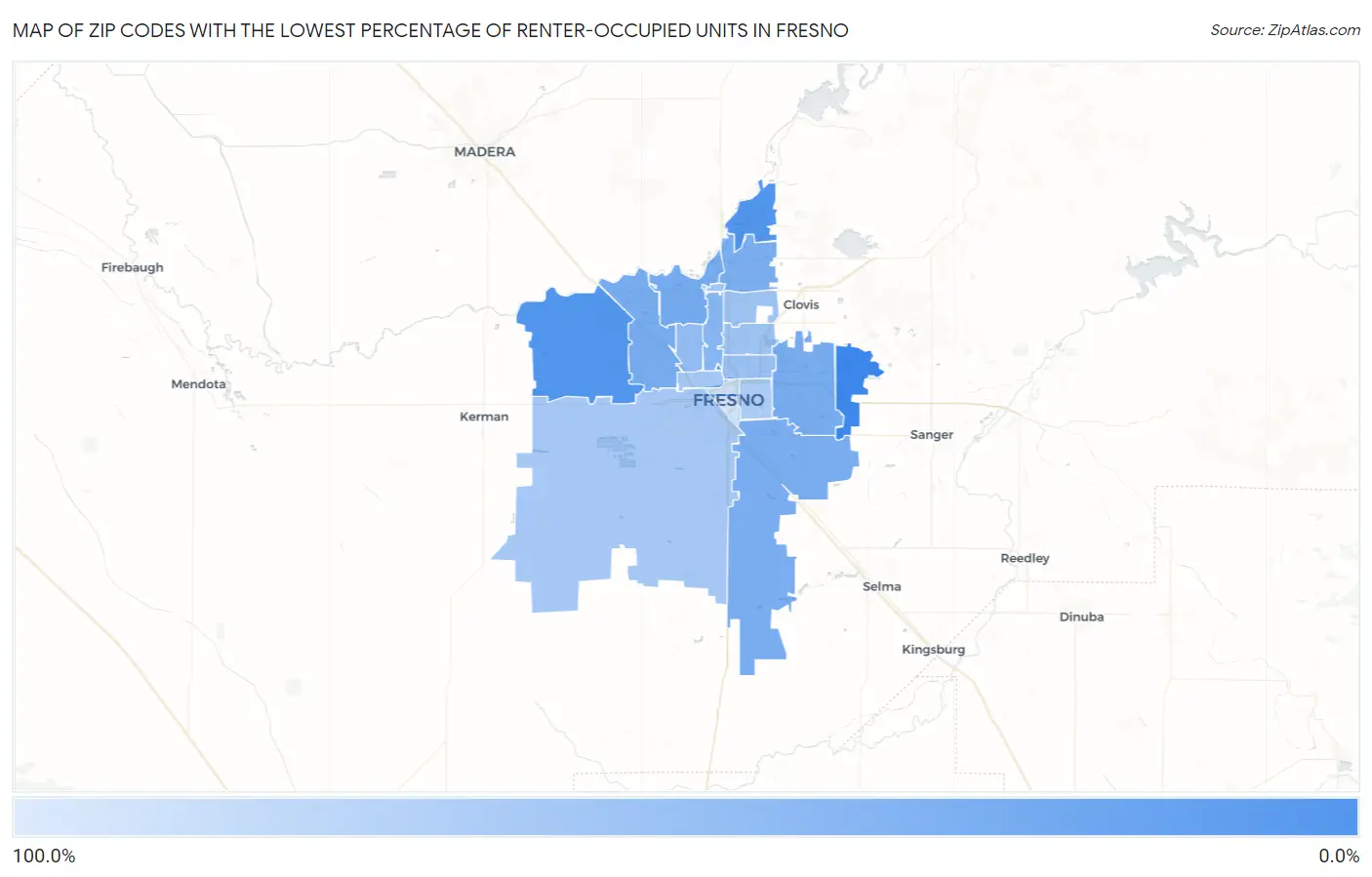 Zip Codes with the Lowest Percentage of Renter-Occupied Units in Fresno Map