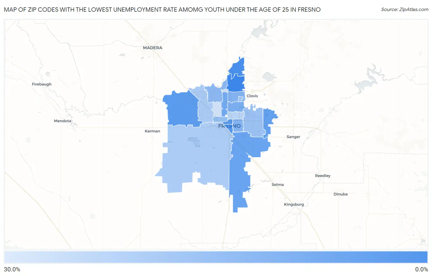 Zip Codes with the Lowest Unemployment Rate Amomg Youth Under the Age of 25 in Fresno Map