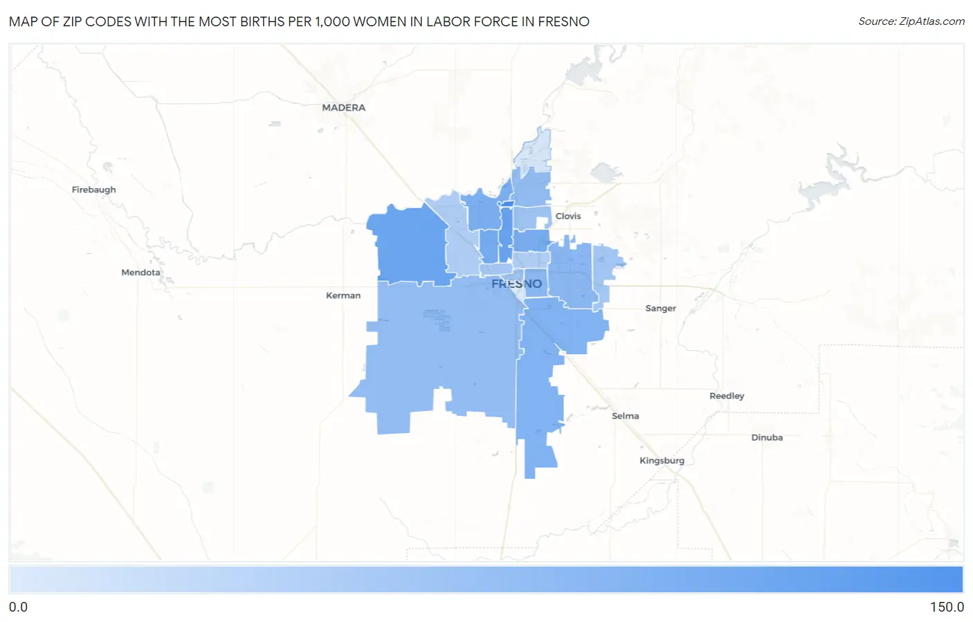 Zip Codes with the Most Births per 1,000 Women in Labor Force in Fresno Map