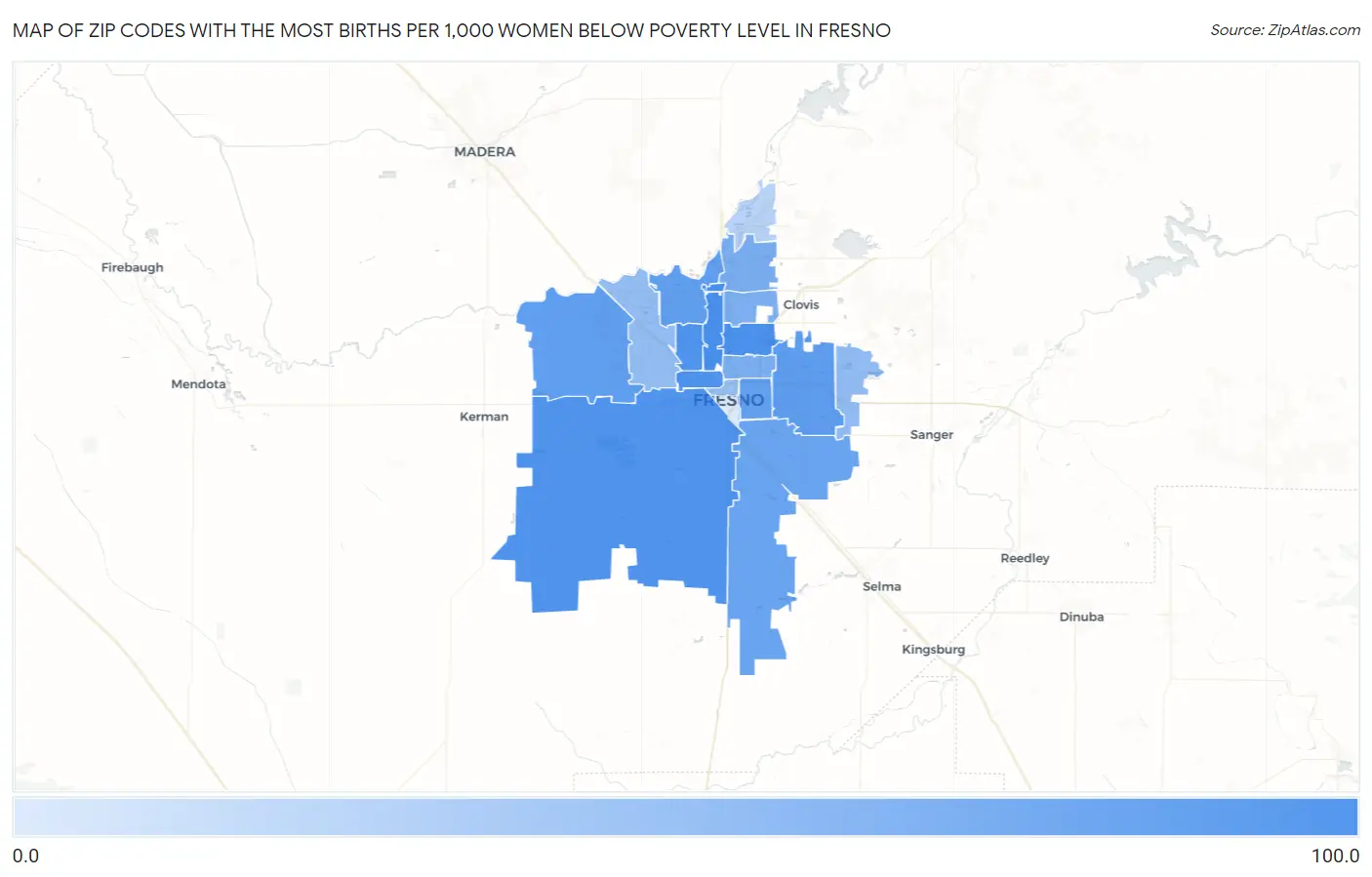 Zip Codes with the Most Births per 1,000 Women Below Poverty Level in Fresno Map