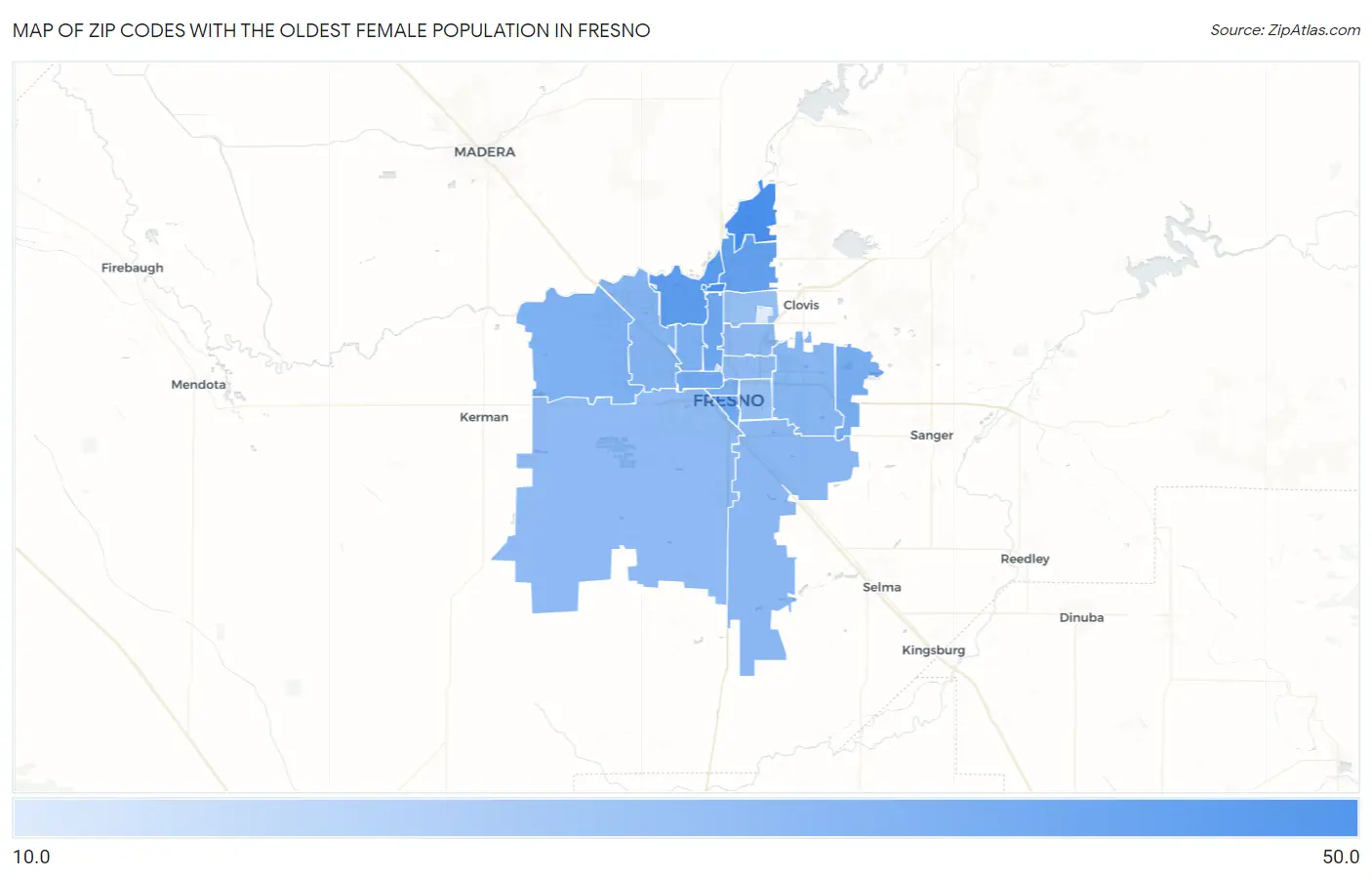 Zip Codes with the Oldest Female Population in Fresno Map