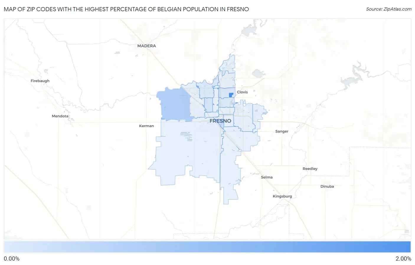 Zip Codes with the Highest Percentage of Belgian Population in Fresno Map