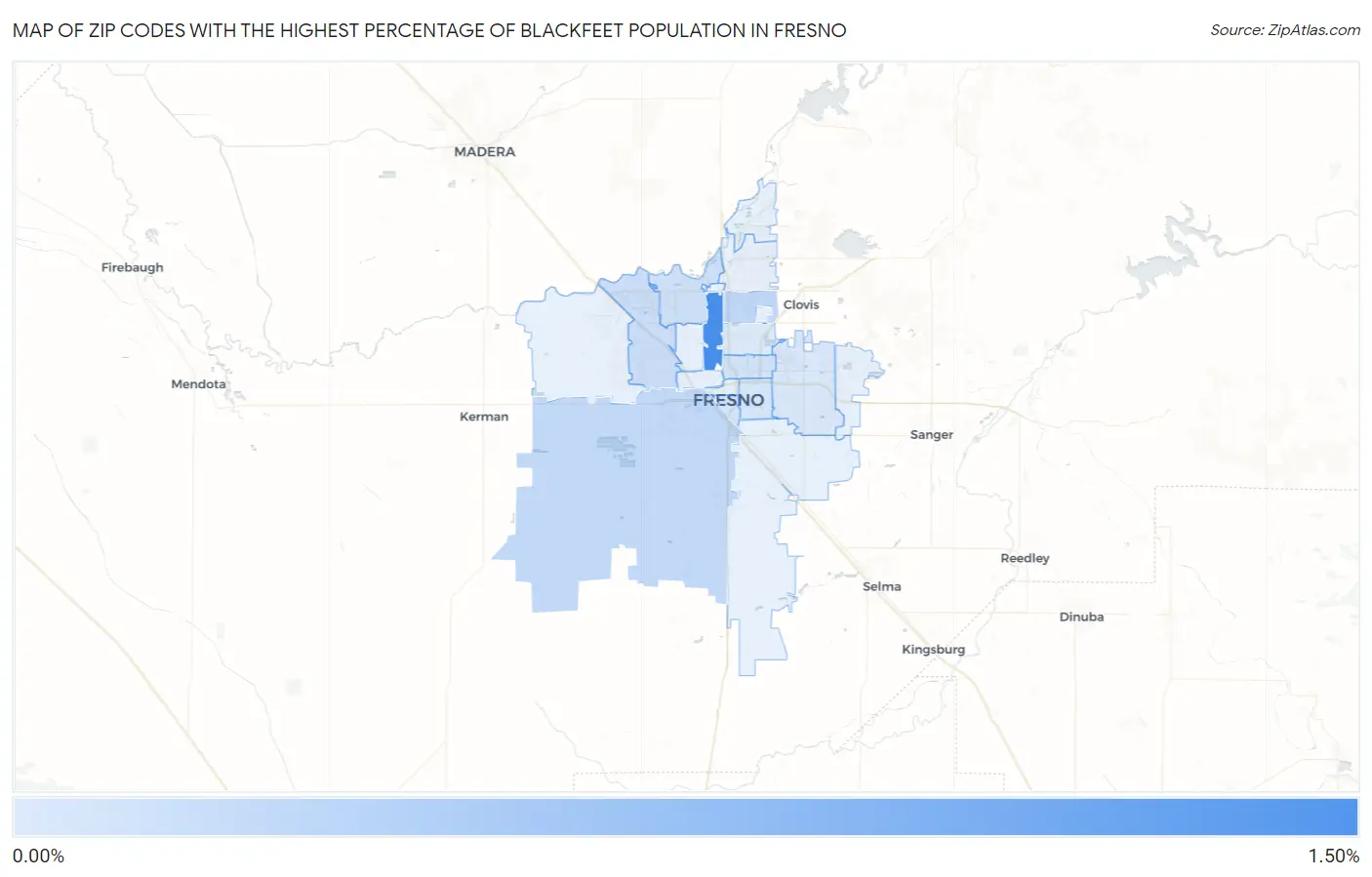 Zip Codes with the Highest Percentage of Blackfeet Population in Fresno Map