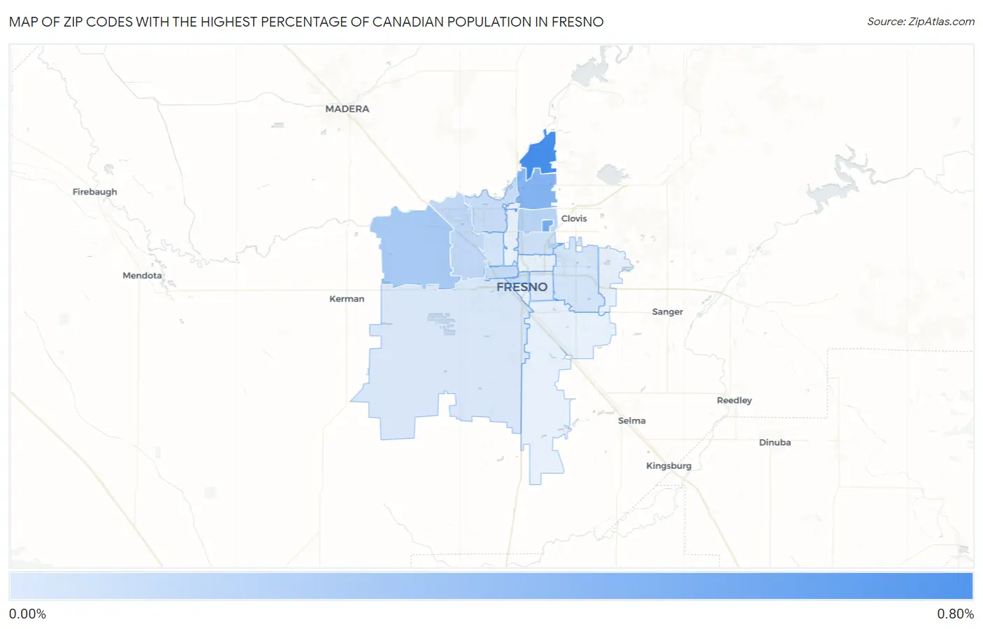 Zip Codes with the Highest Percentage of Canadian Population in Fresno Map
