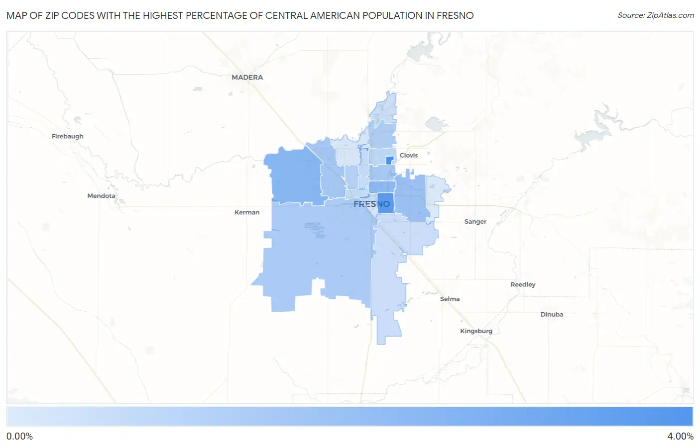 Zip Codes with the Highest Percentage of Central American Population in Fresno Map