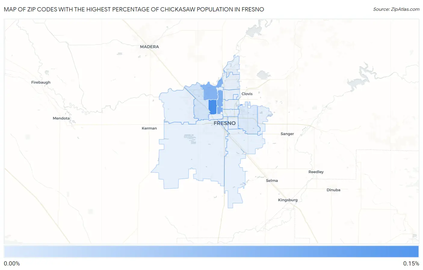 Zip Codes with the Highest Percentage of Chickasaw Population in Fresno Map