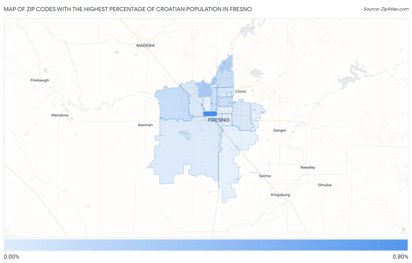 Zip Codes with the Highest Percentage of Croatian Population in Fresno Map