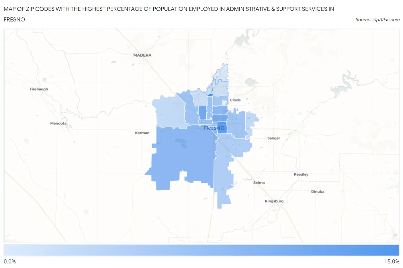 Zip Codes with the Highest Percentage of Population Employed in Administrative & Support Services in Fresno Map