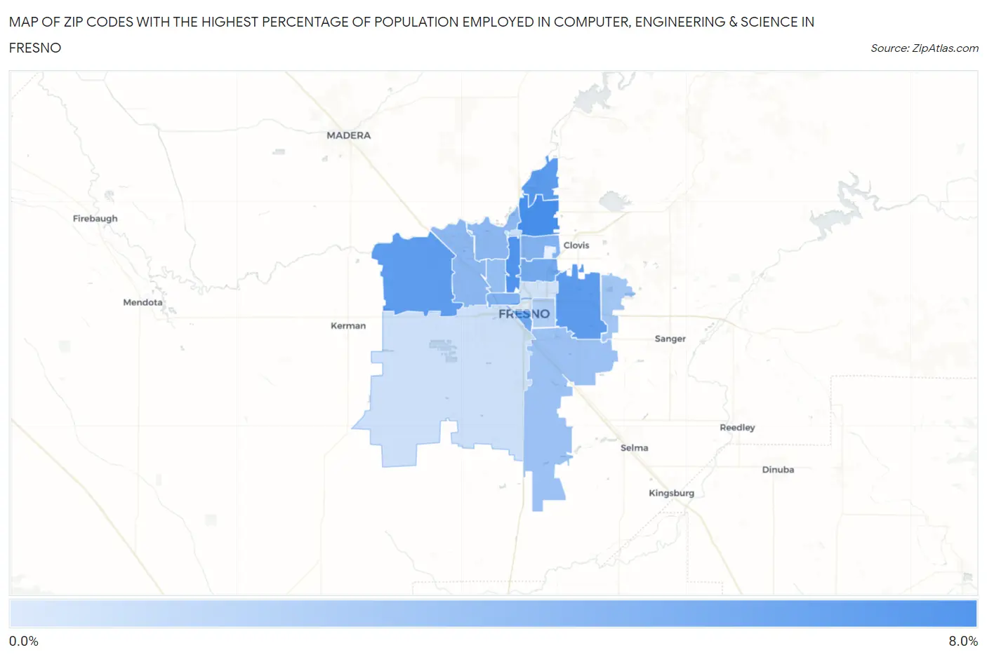 Zip Codes with the Highest Percentage of Population Employed in Computer, Engineering & Science in Fresno Map