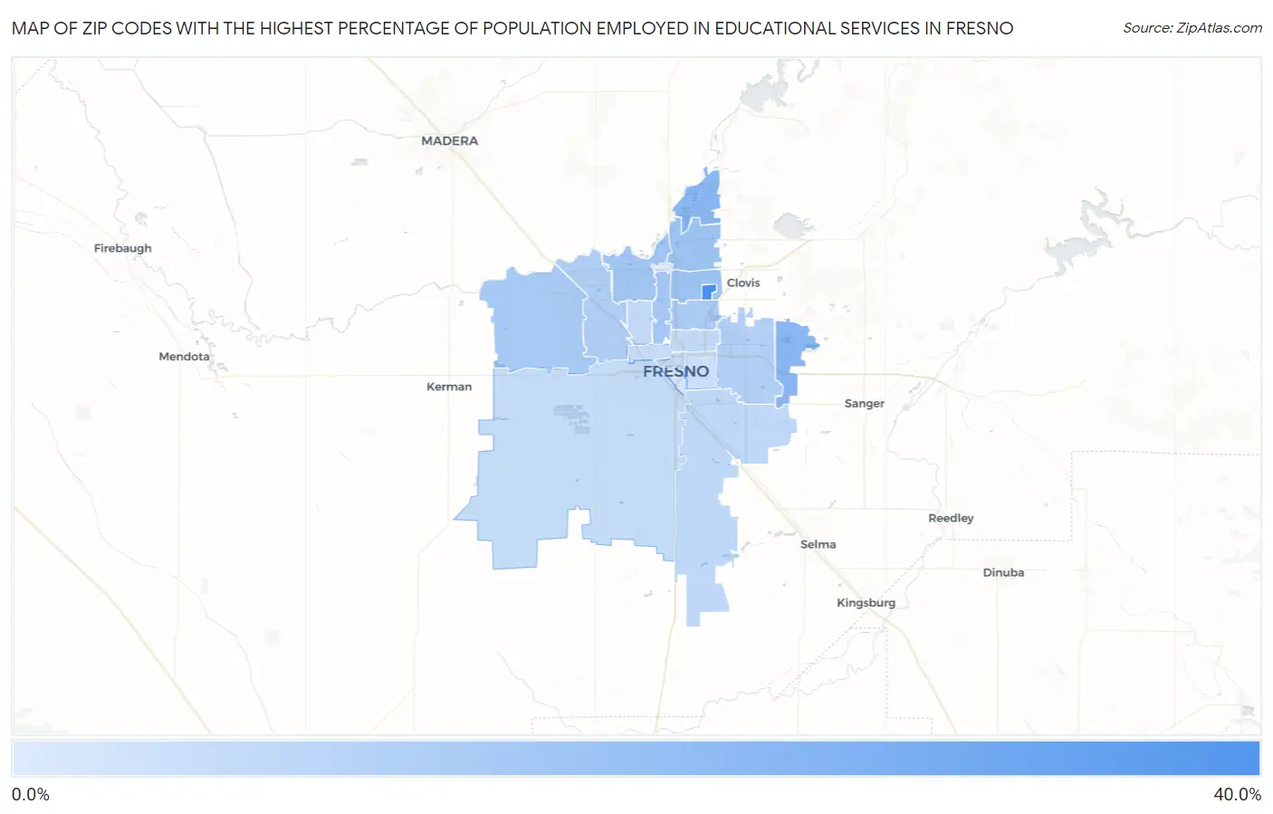 Zip Codes with the Highest Percentage of Population Employed in Educational Services in Fresno Map