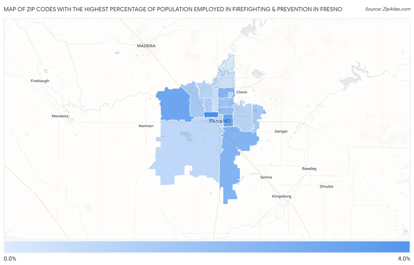 Zip Codes with the Highest Percentage of Population Employed in Firefighting & Prevention in Fresno Map