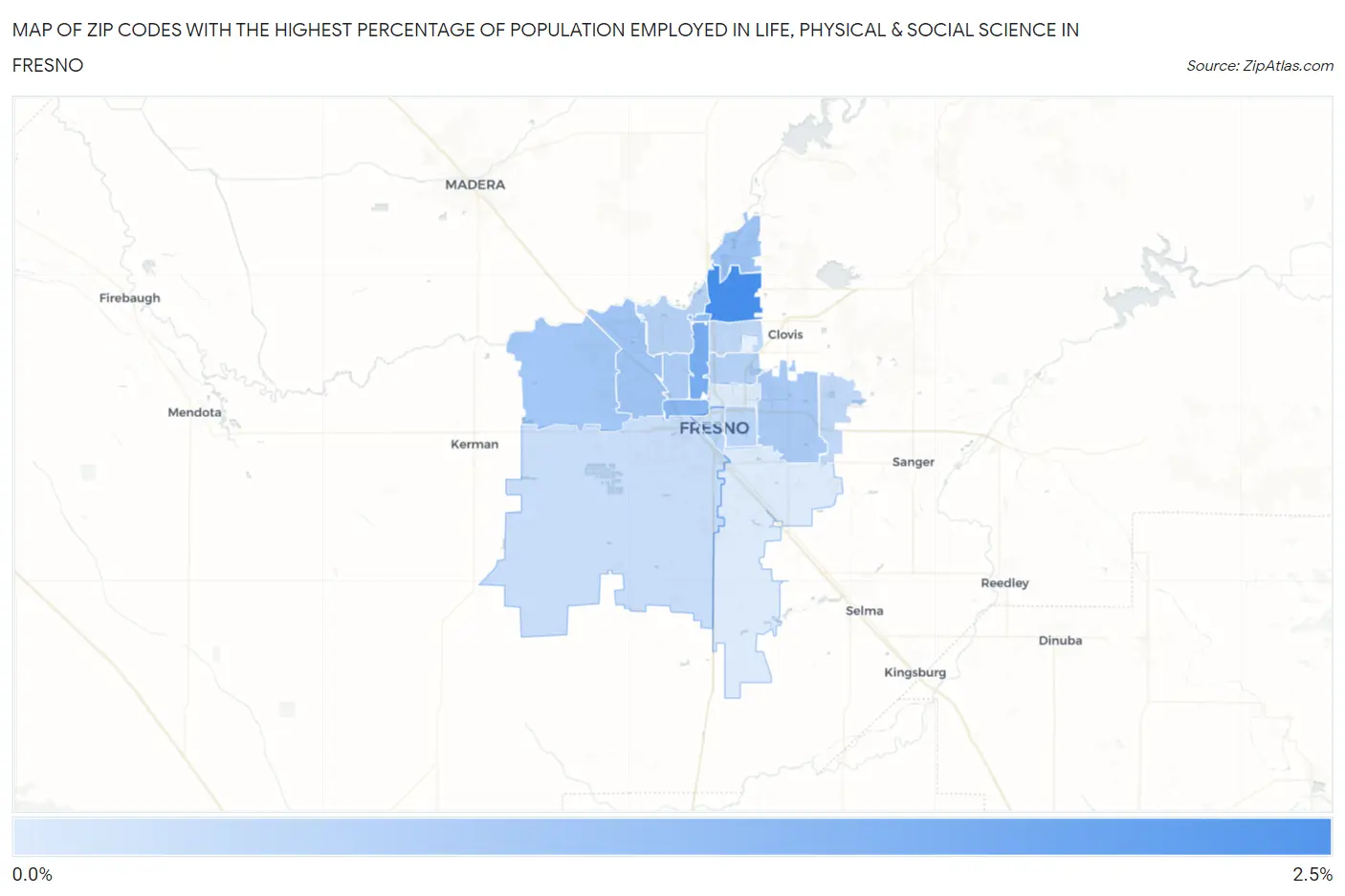 Zip Codes with the Highest Percentage of Population Employed in Life, Physical & Social Science in Fresno Map