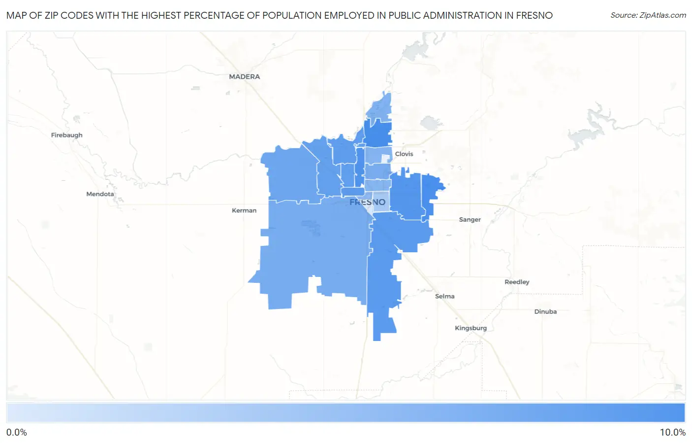 Zip Codes with the Highest Percentage of Population Employed in Public Administration in Fresno Map