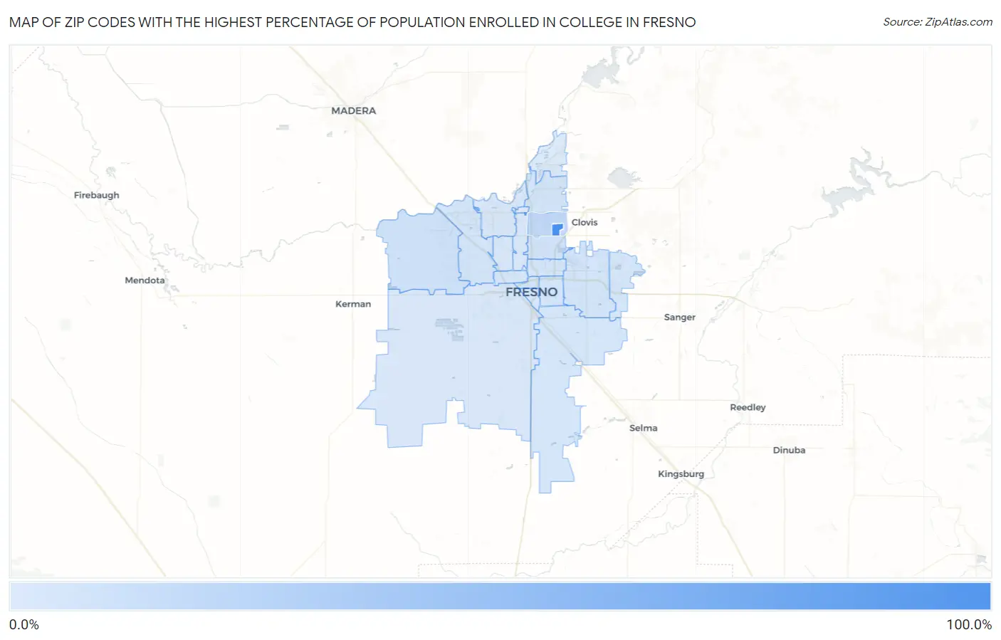Zip Codes with the Highest Percentage of Population Enrolled in College in Fresno Map
