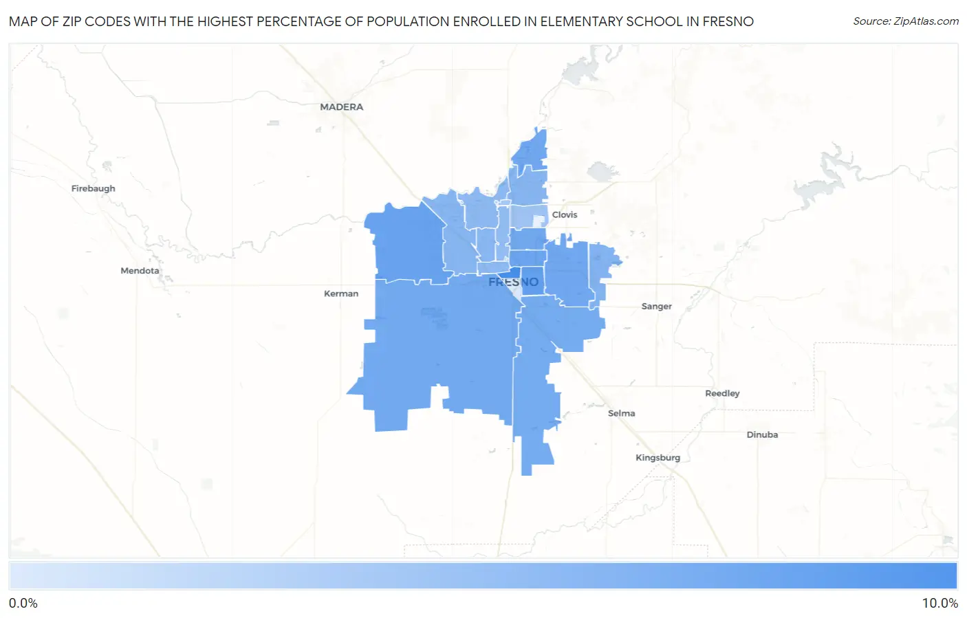 Zip Codes with the Highest Percentage of Population Enrolled in Elementary School in Fresno Map