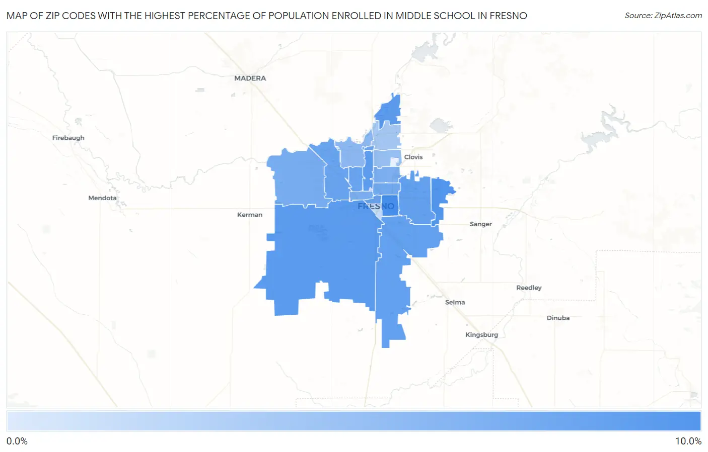 Zip Codes with the Highest Percentage of Population Enrolled in Middle School in Fresno Map