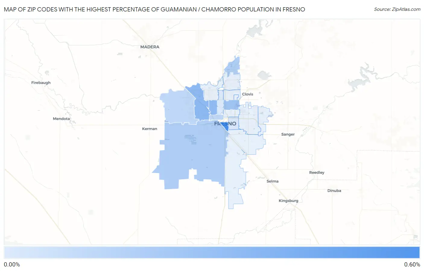 Zip Codes with the Highest Percentage of Guamanian / Chamorro Population in Fresno Map