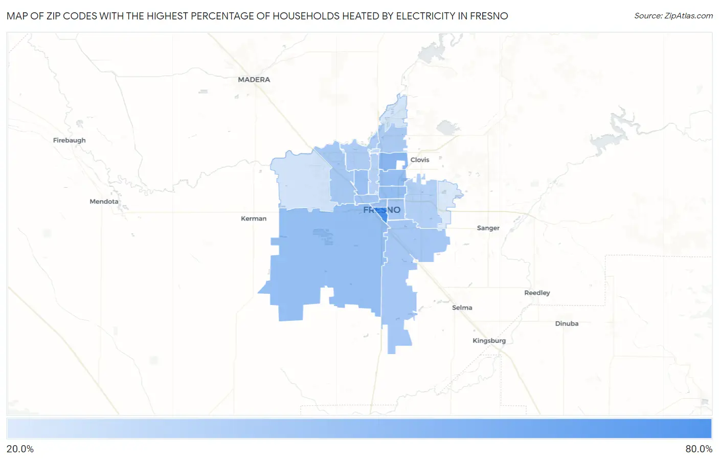 Zip Codes with the Highest Percentage of Households Heated by Electricity in Fresno Map
