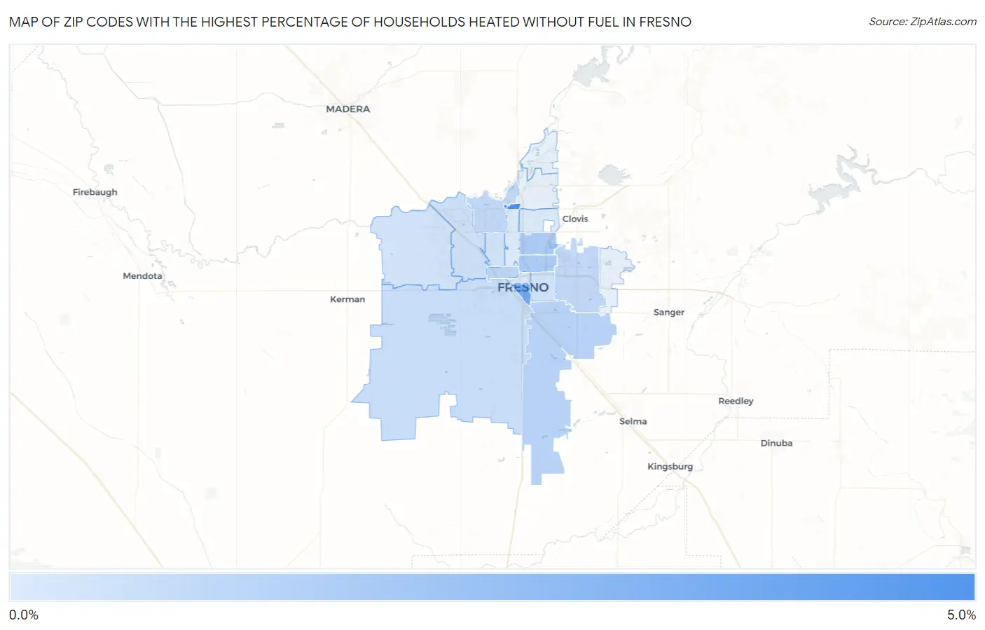 Zip Codes with the Highest Percentage of Households Heated without Fuel in Fresno Map