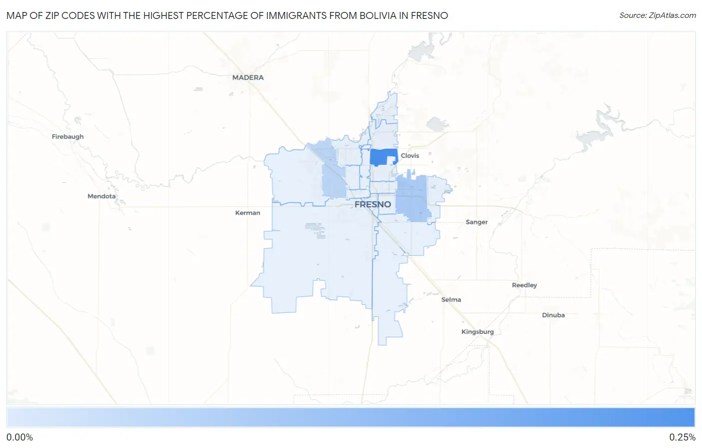 Zip Codes with the Highest Percentage of Immigrants from Bolivia in Fresno Map