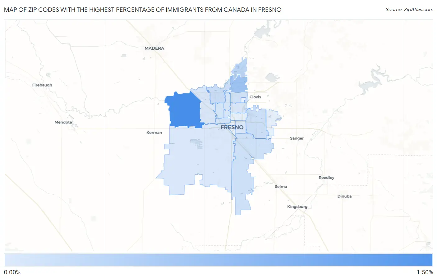 Zip Codes with the Highest Percentage of Immigrants from Canada in Fresno Map