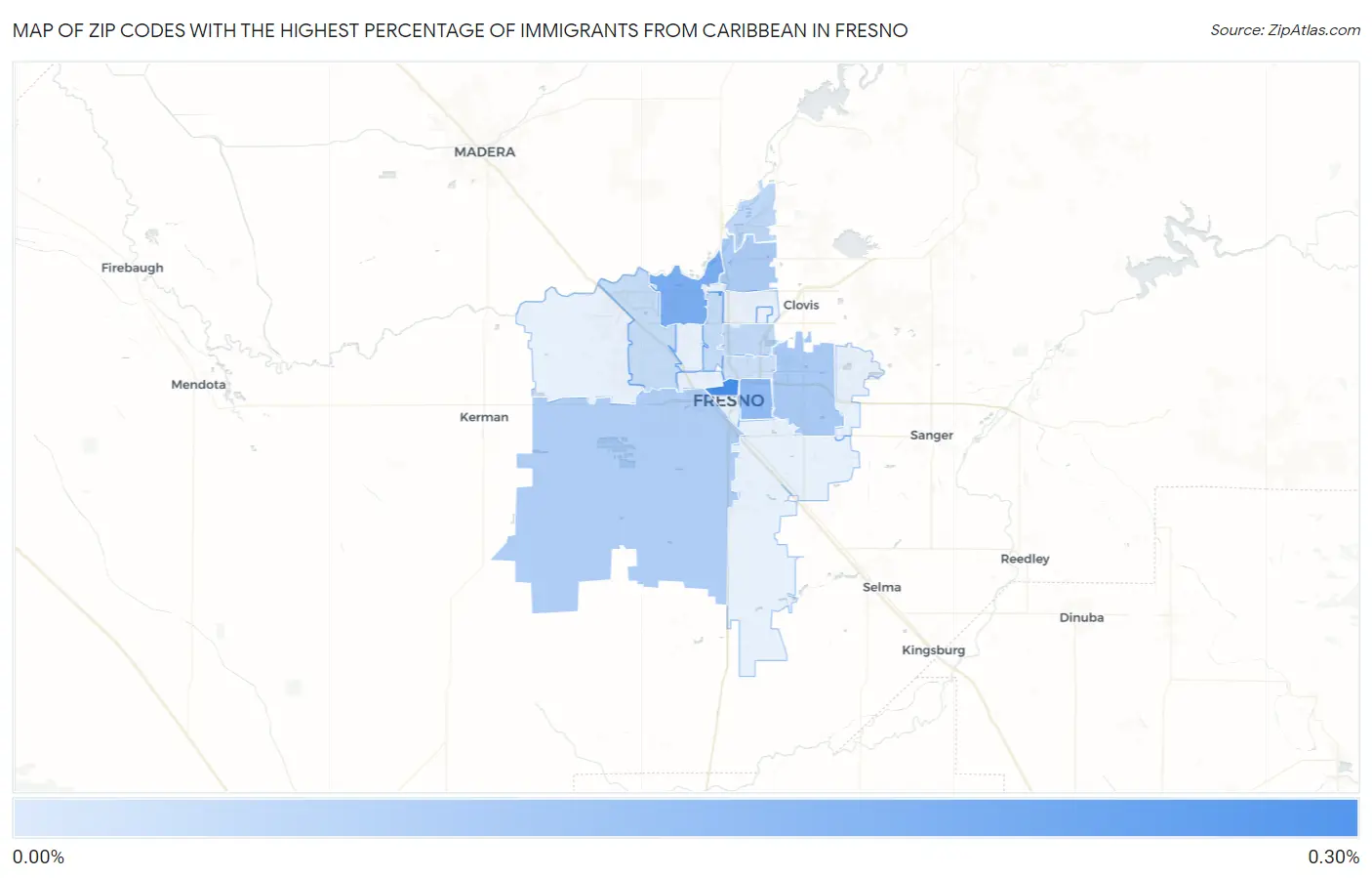 Zip Codes with the Highest Percentage of Immigrants from Caribbean in Fresno Map