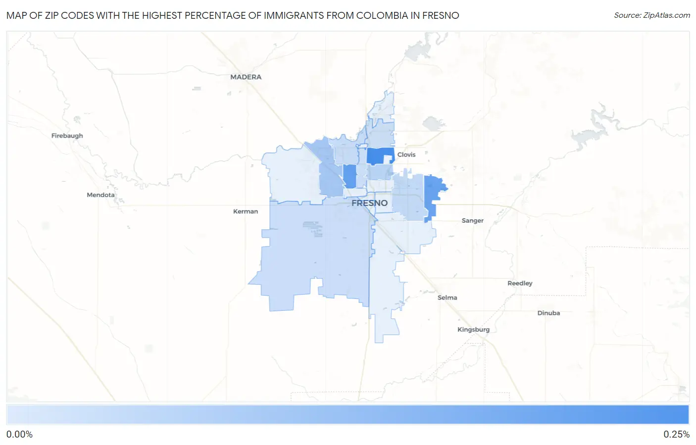 Zip Codes with the Highest Percentage of Immigrants from Colombia in Fresno Map