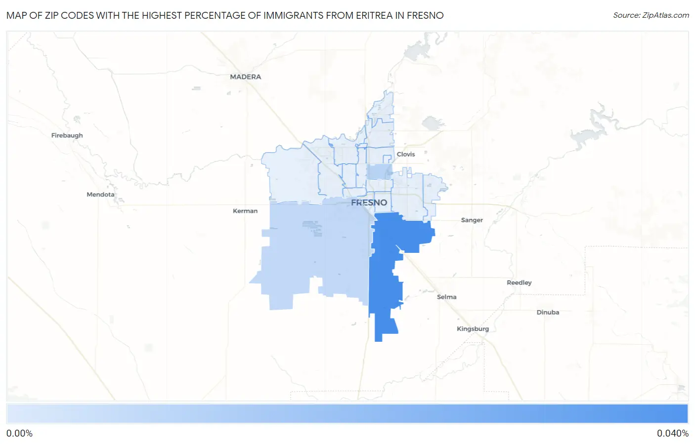 Zip Codes with the Highest Percentage of Immigrants from Eritrea in Fresno Map