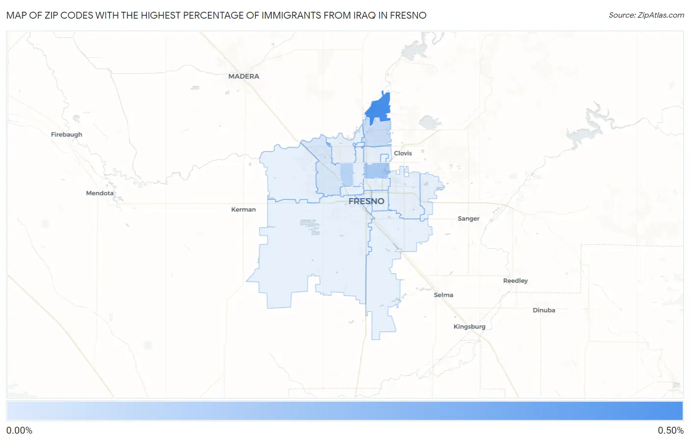 Zip Codes with the Highest Percentage of Immigrants from Iraq in Fresno Map