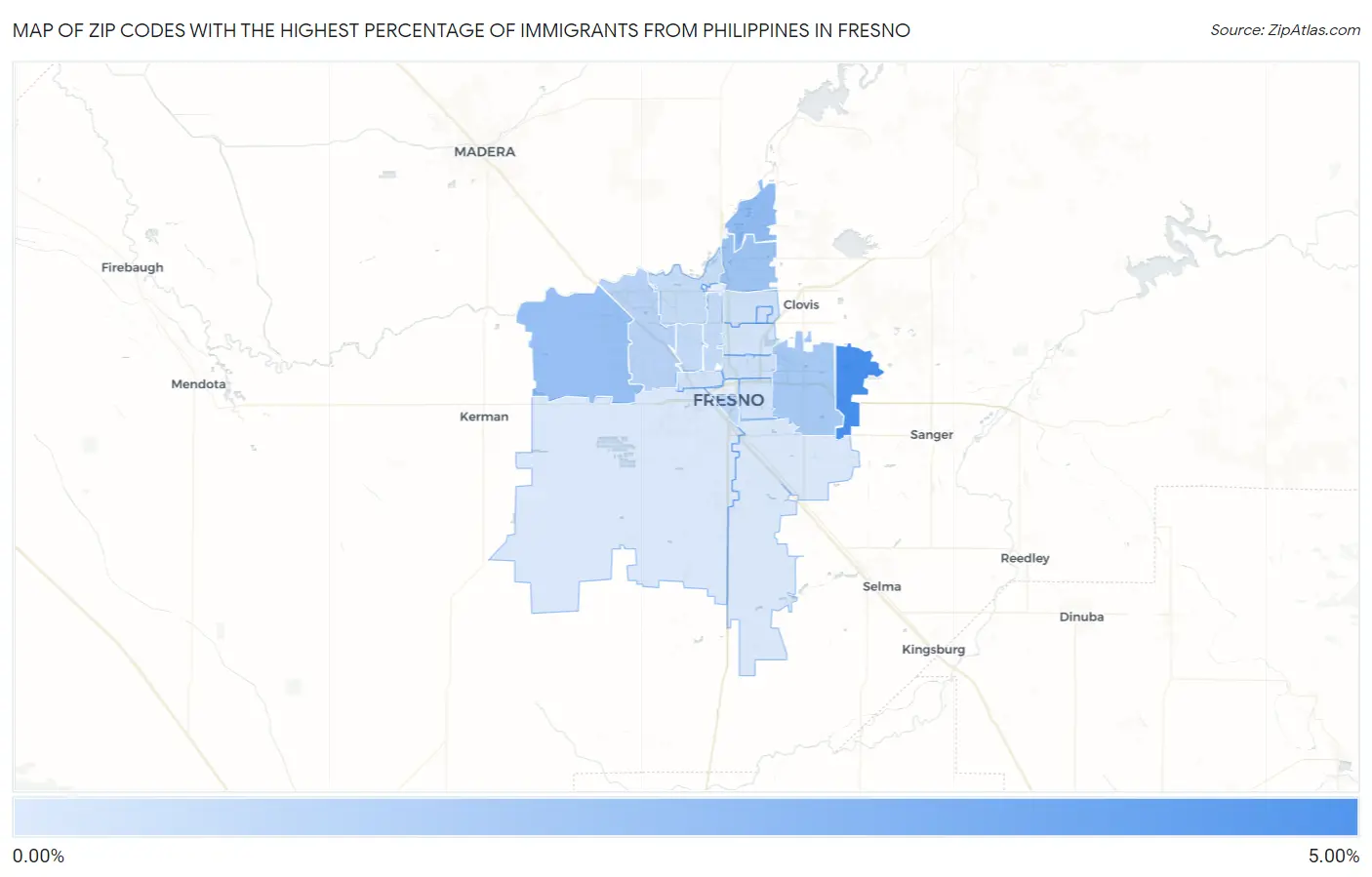Zip Codes with the Highest Percentage of Immigrants from Philippines in Fresno Map