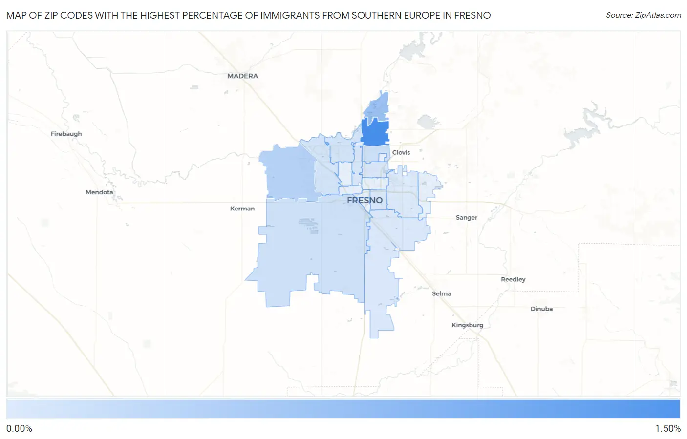 Zip Codes with the Highest Percentage of Immigrants from Southern Europe in Fresno Map
