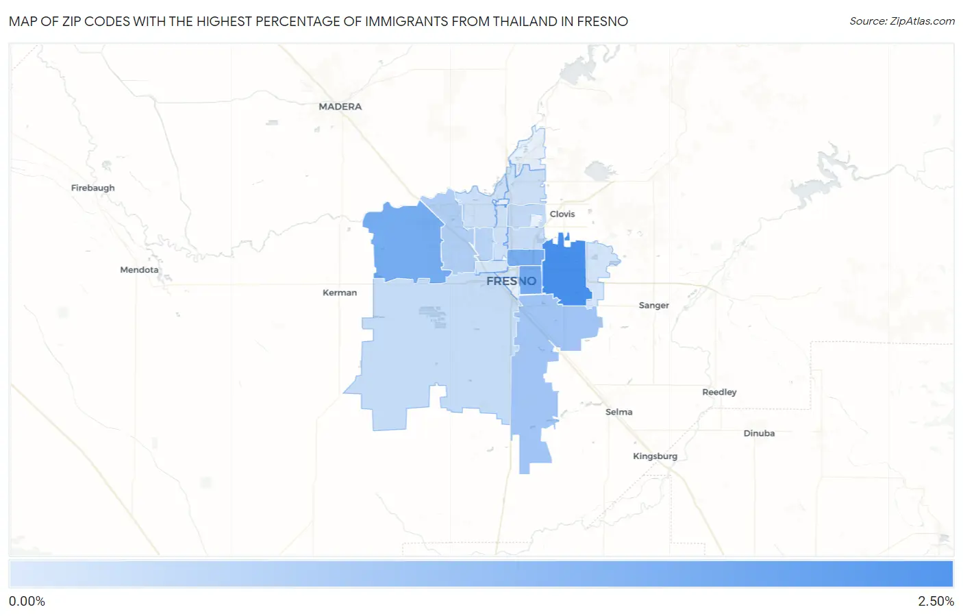 Zip Codes with the Highest Percentage of Immigrants from Thailand in Fresno Map