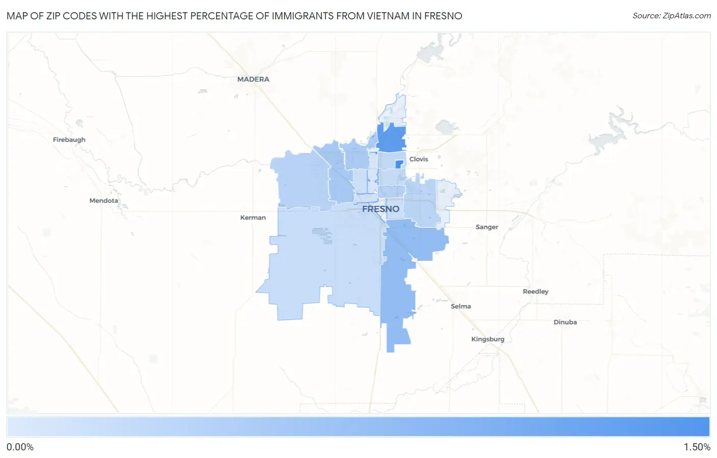 Zip Codes with the Highest Percentage of Immigrants from Vietnam in Fresno Map