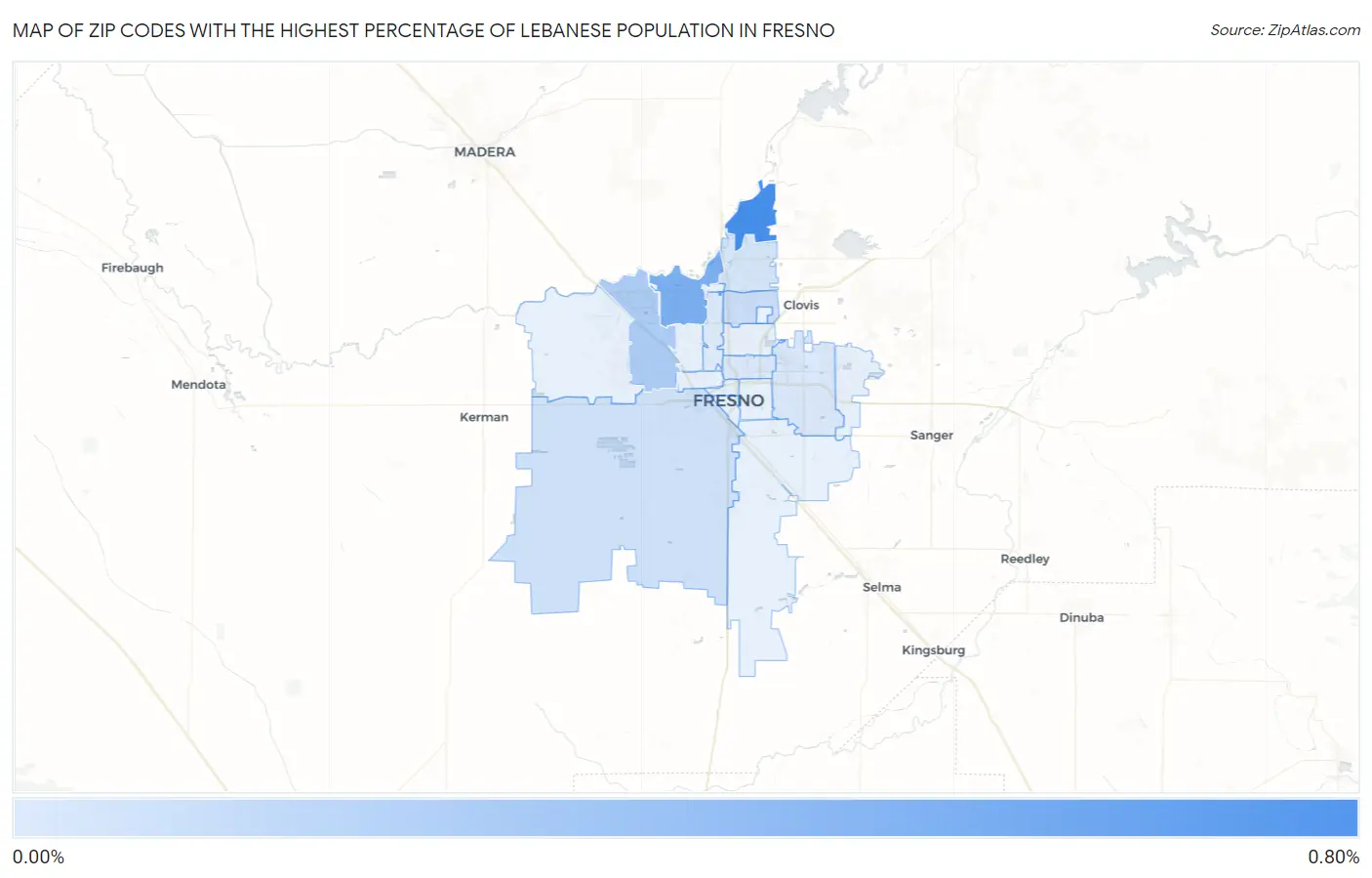 Zip Codes with the Highest Percentage of Lebanese Population in Fresno Map