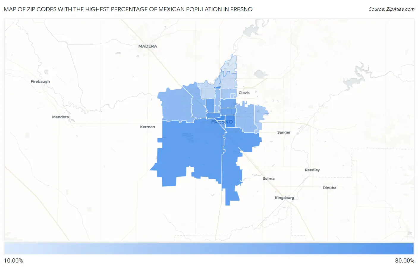 Zip Codes with the Highest Percentage of Mexican Population in Fresno Map
