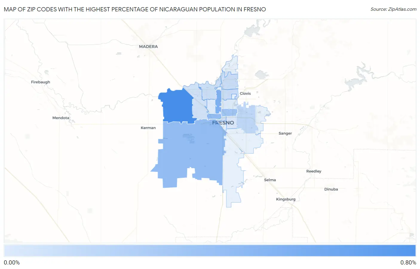 Zip Codes with the Highest Percentage of Nicaraguan Population in Fresno Map