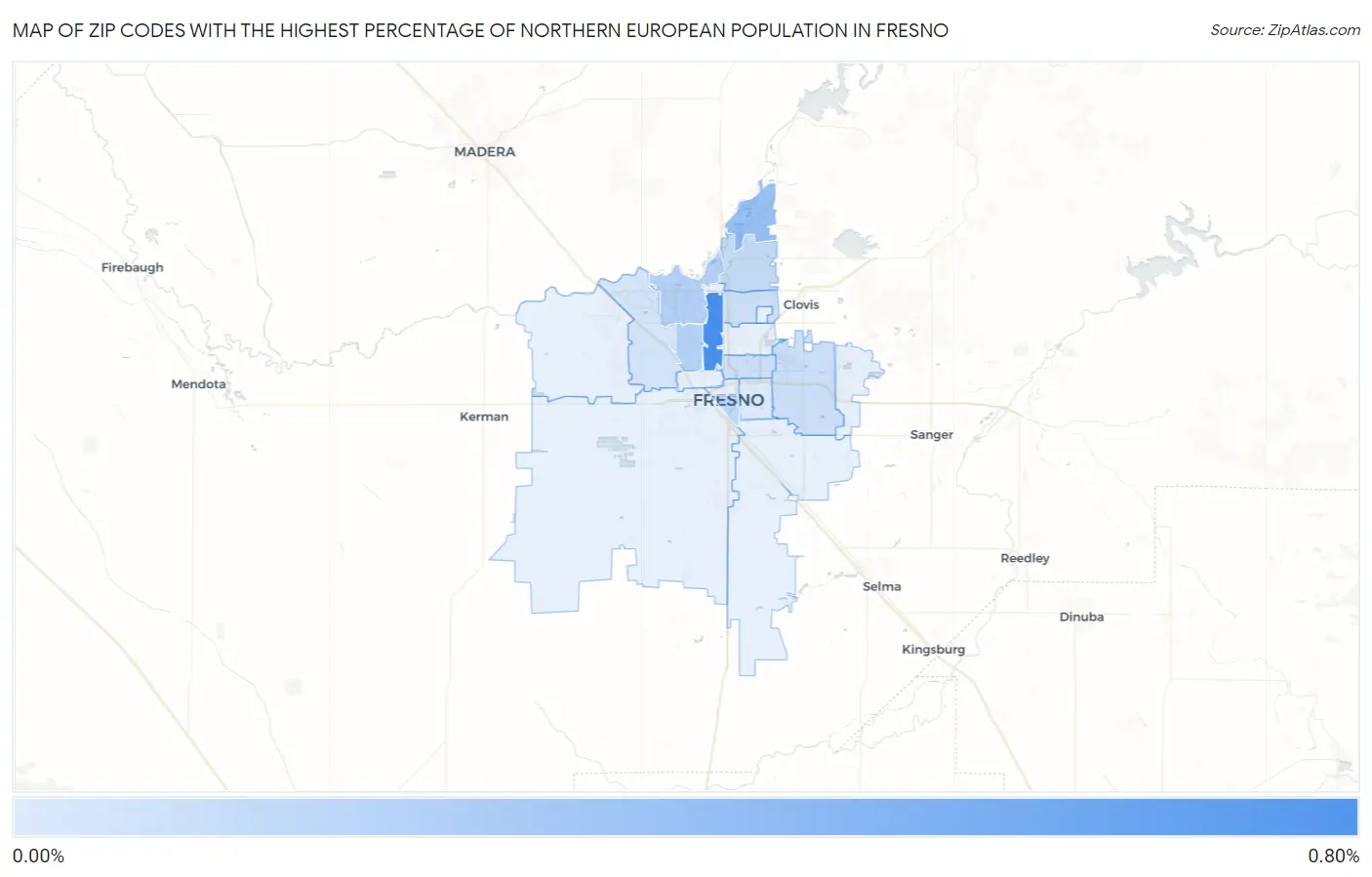 Zip Codes with the Highest Percentage of Northern European Population in Fresno Map