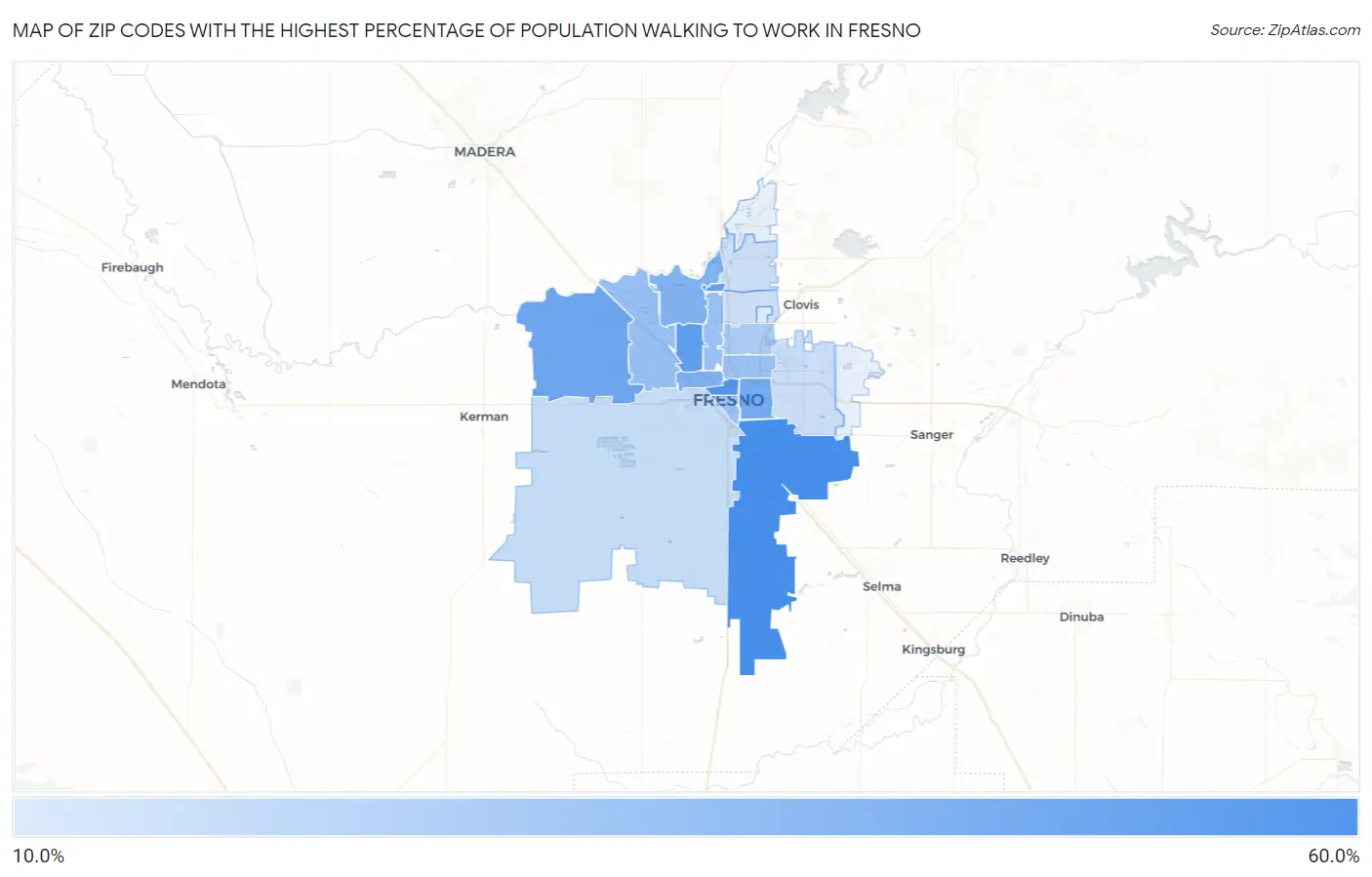 Zip Codes with the Highest Percentage of Population Walking to Work in Fresno Map