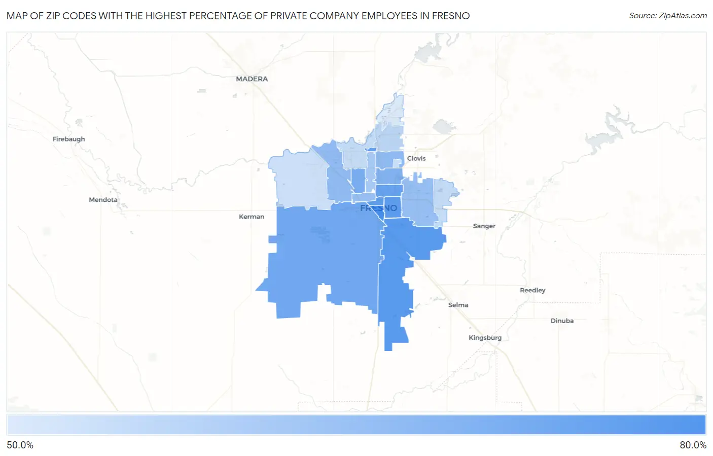 Zip Codes with the Highest Percentage of Private Company Employees in Fresno Map