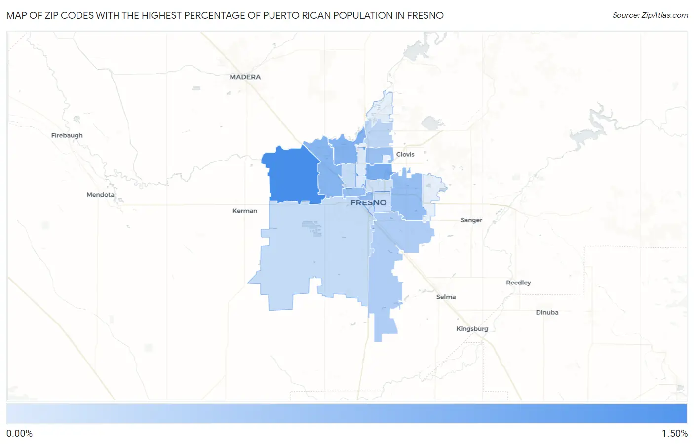 Zip Codes with the Highest Percentage of Puerto Rican Population in Fresno Map