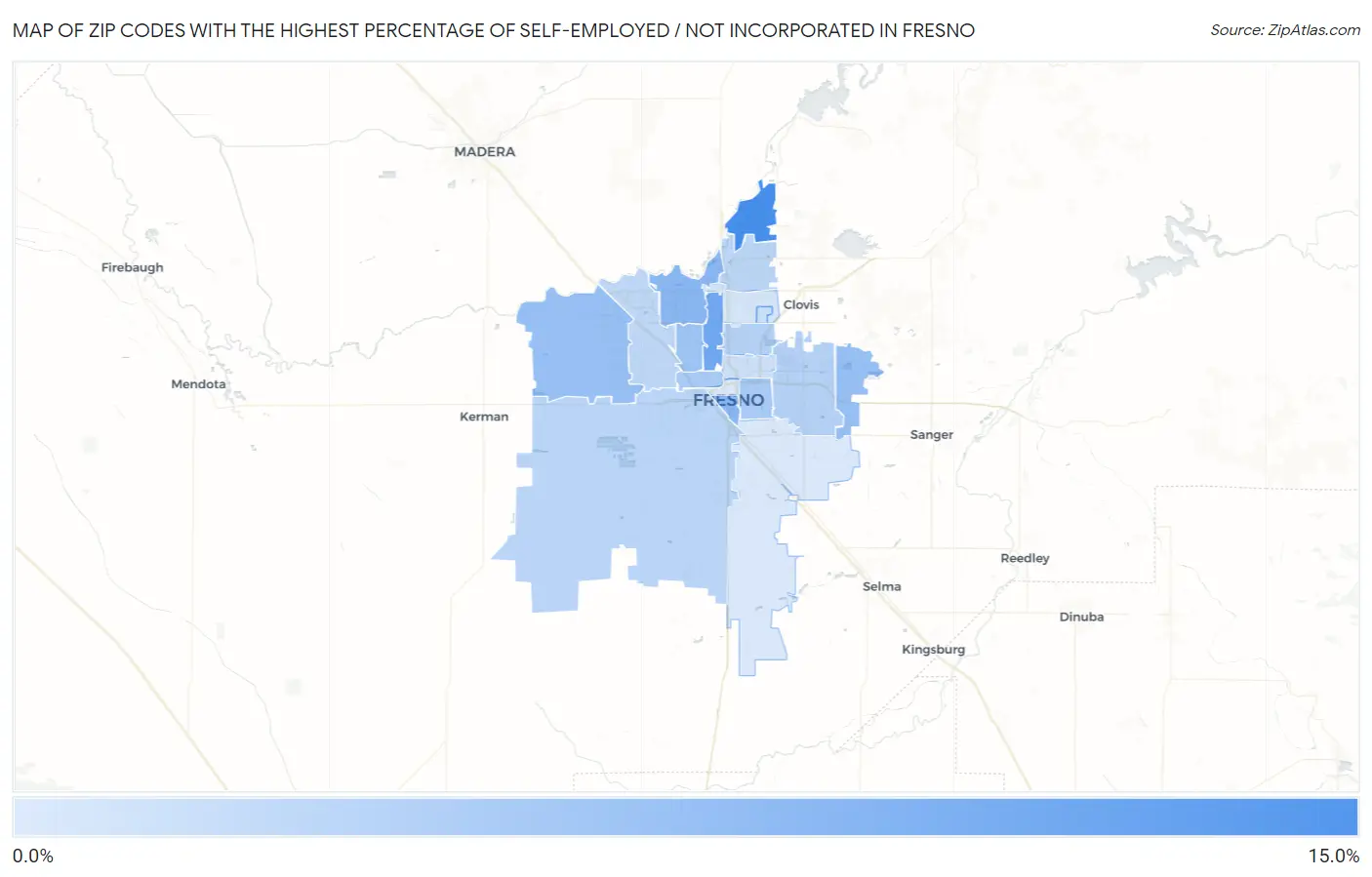 Zip Codes with the Highest Percentage of Self-Employed / Not Incorporated in Fresno Map