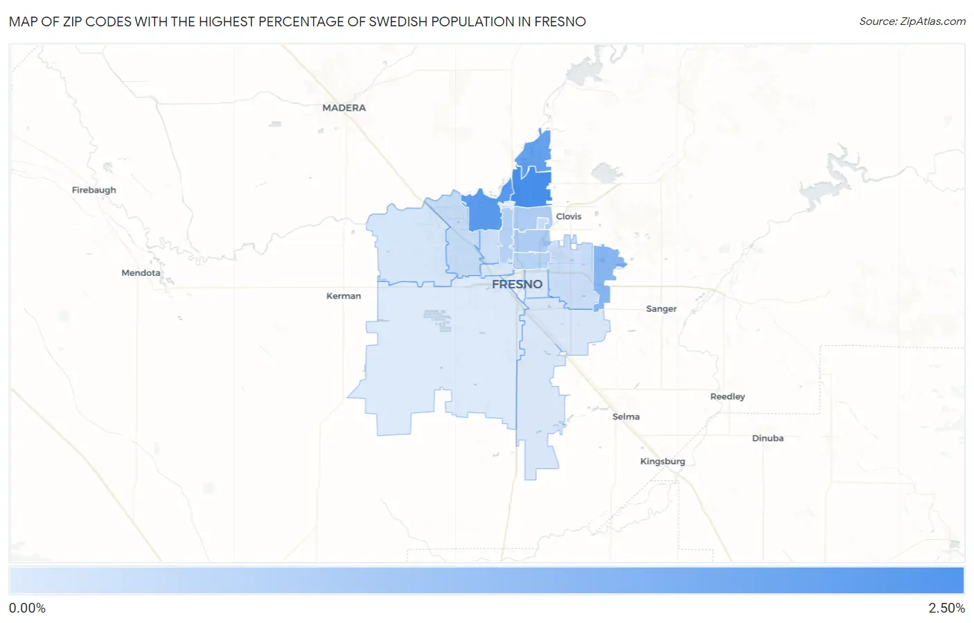 Zip Codes with the Highest Percentage of Swedish Population in Fresno Map